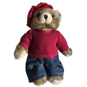 Vtg A&A Plush Soft Stuffed Animal Teddy Bear Brown Tags Sweater Beret Jeans